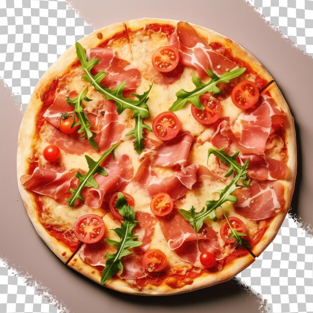 PSD pizza gourmet con prosciutto, rocchetta, mozzarella, salsa di pomodoro e parmigiano su uno sfondo trasparente