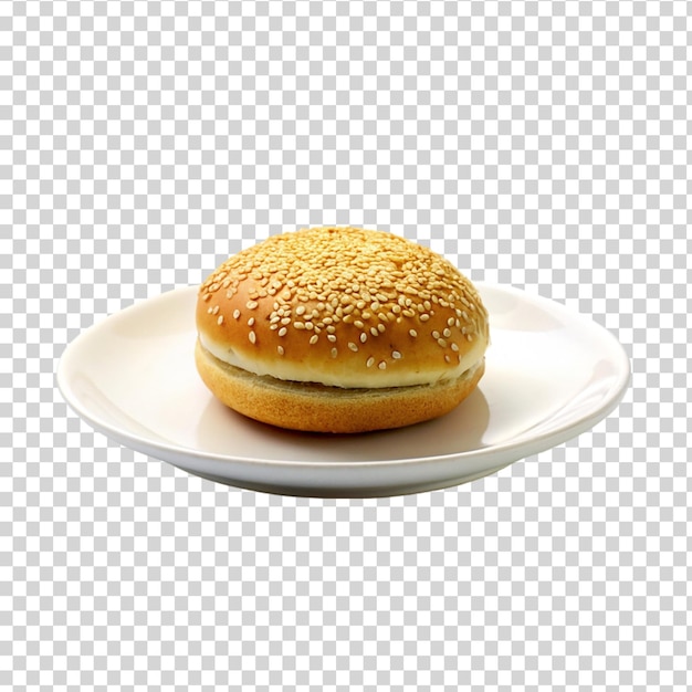 PSD gourmet sesame seed burger bun on elegant white plate isolated on transparent background