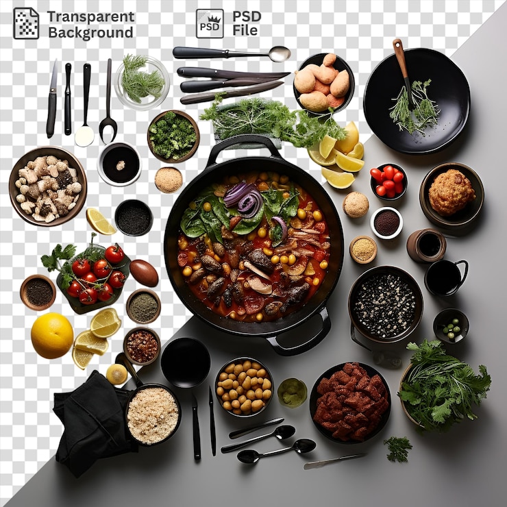 PSD gourmet spanish cooking set featuring a variety of bowls and utensils including black and brown bowls a small black bowl a silver spoon a black knife a