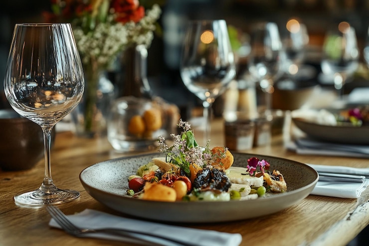 PSD gourmet voorgerecht met verse groenten, kaas en kruiden op een rustieke houten tafel