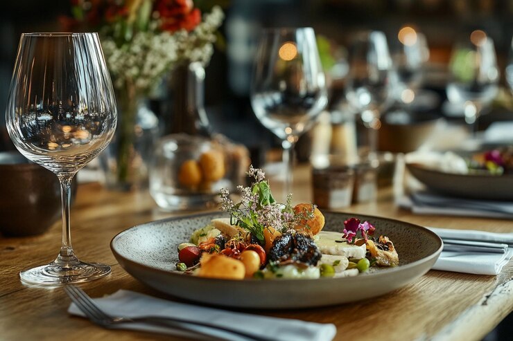 PSD gourmet voorgerecht met verse groenten, kaas en kruiden op een rustieke houten tafel