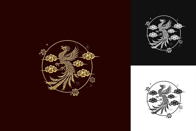 graceful chinese phoenix logo with clouds and flowers for de abstract vector design collections