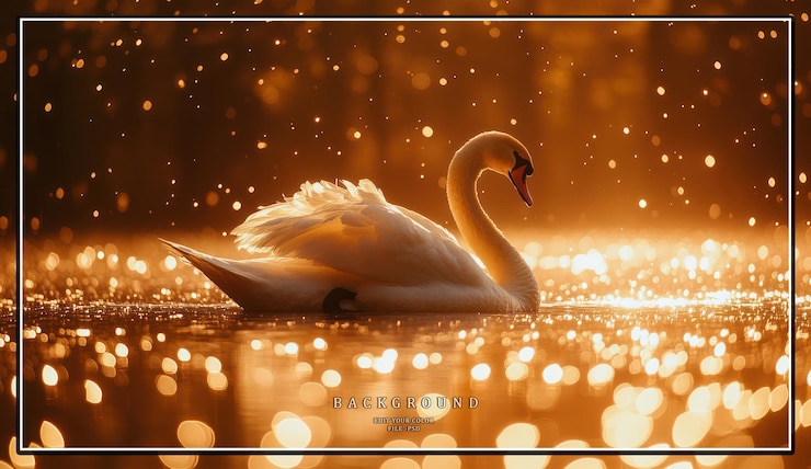 PSD a graceful white swan swims in a lake with golden sunlight refle