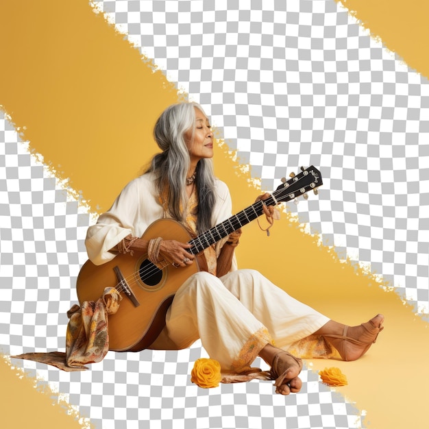 PSD gracieuze aziatische senior muzikant in traditionele kleding geposeerd op citroen achtergrond