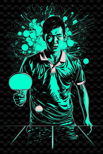 PSD gracz w tenisa stołowego trzymający wiosło z piłką i stołem z ilustracją płaskie tło sportowe 2d