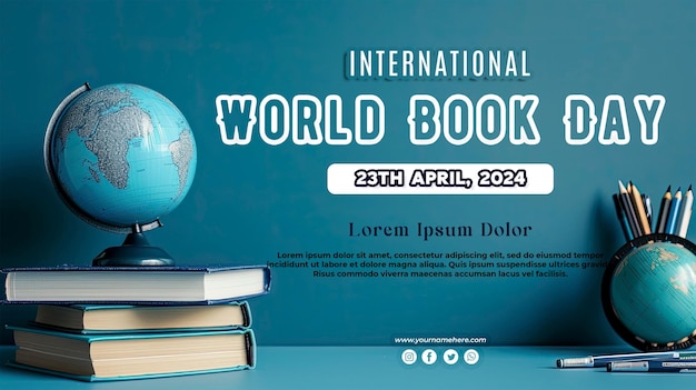 PSD sfondo astratto blu gradiente con pila di libri con concetto di giornata mondiale del libro