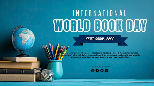 PSD gradient blue abstract background with stack of books with world book day concept