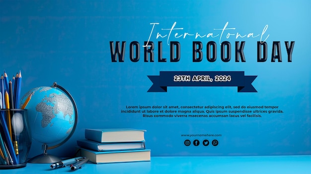 PSD gradient blue abstract background with stack of books with world book day concept