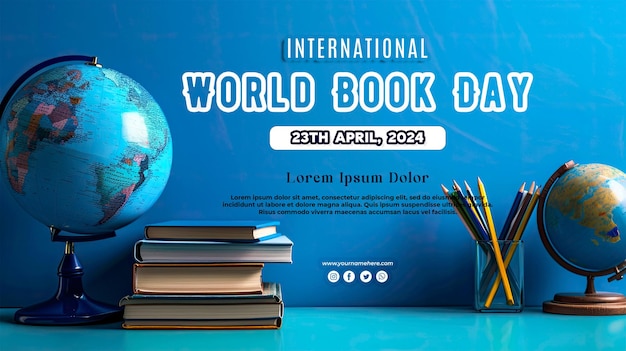 PSD gradient blue abstract background with stack of books with world book day concept