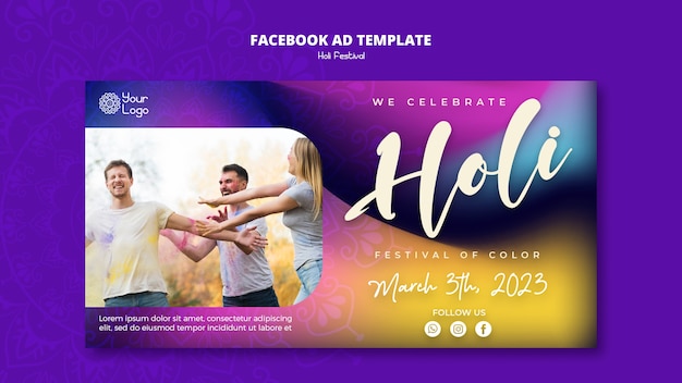 Gradient colorful holi festival social media promo template