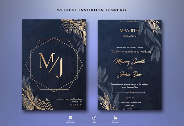 PSD gradient golden floral wedding invitation