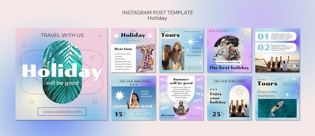 PSD collezione di post di instagram di viaggio di vacanza gradiente