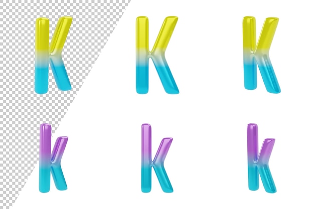 PSD gradient letter k on white background. uppercase and lowercase. 3d render illustration