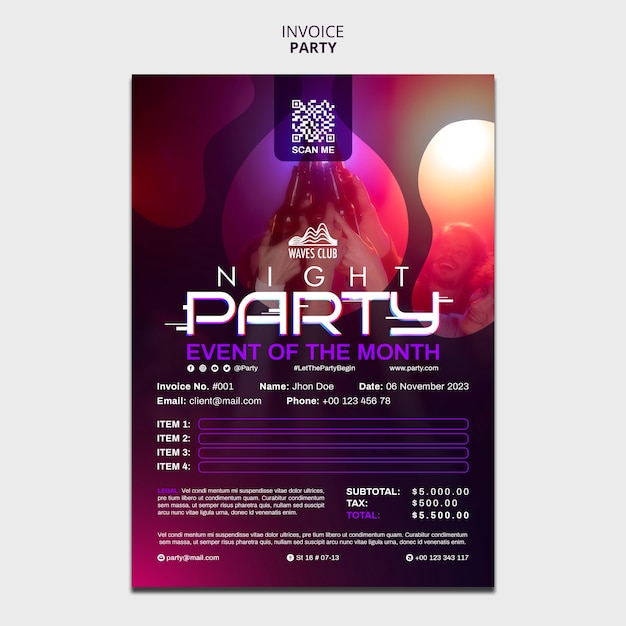 PSD gradient night party invoice template