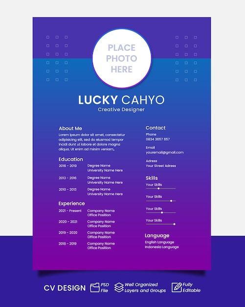 PSD gradient purple blue cv template design editable text