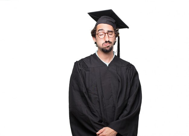 PSD graduate bearded man looking unenthusiastic and bored, listening to something dull and tedious