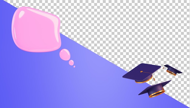 Graduate caps in the air and speech bubbles 3d render concept of education or graduation banner