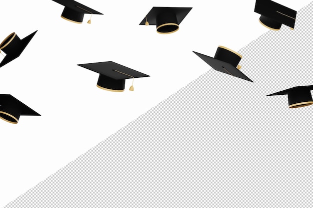 Graduate caps on a transparent background Caps thrown up Education end of school concept 3D illustration rendering Has clipping path