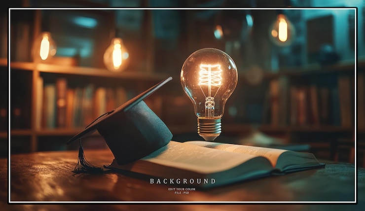 PSD a graduation cap a book and a glowing light bulb on a wooden table in a library setting