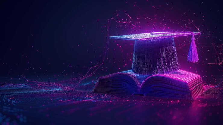 PSD на открытой книге, светящейся фиолетовым и синим светом, лежит выпускная шапочка. книга и шапочка окружены полем светящихся частиц, предполагающих цифровой или виртуальный мир.