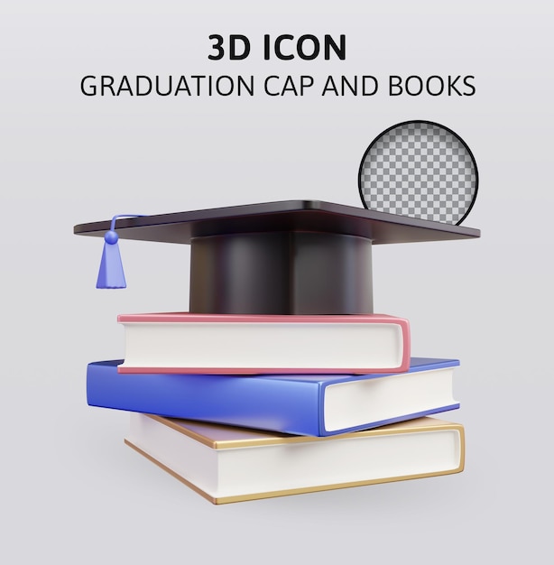 Tappo di graduazione e pila di libri illustrazione di rendering 3d