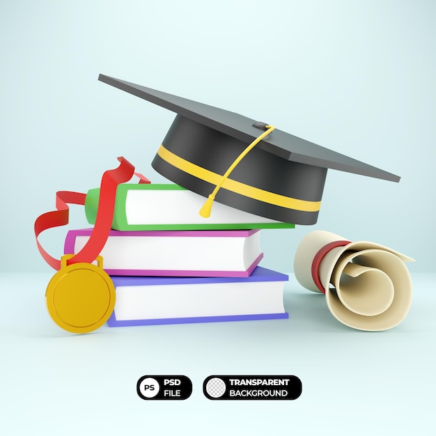 PSD graduation cap with books and certificate 3d render illustration