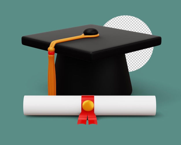 PSD graduation cap with diploma 3d rendering