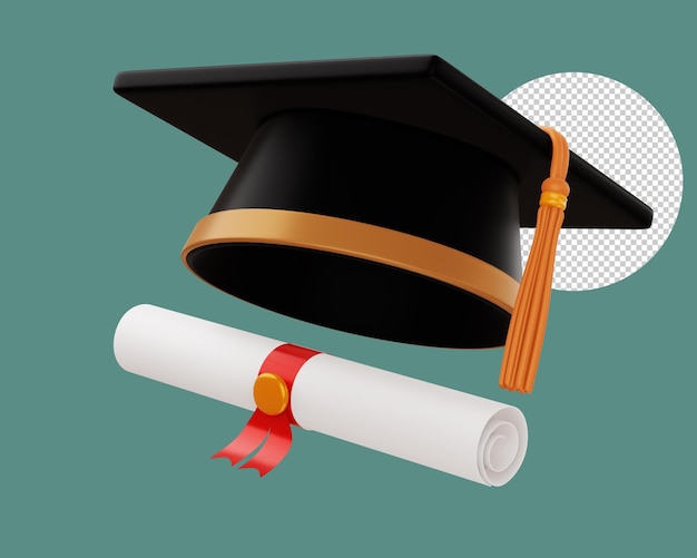 PSD graduation cap with diploma 3d rendering