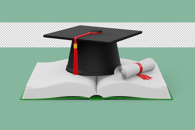 Graduation cap with Diploma and book 3d rendering