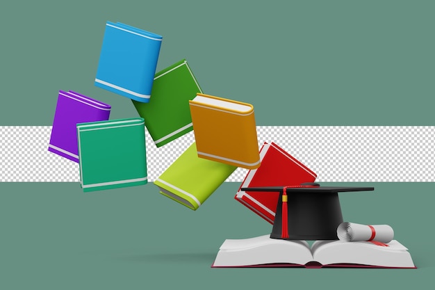 PSD graduation cap with diploma and colorful book 3d rendering