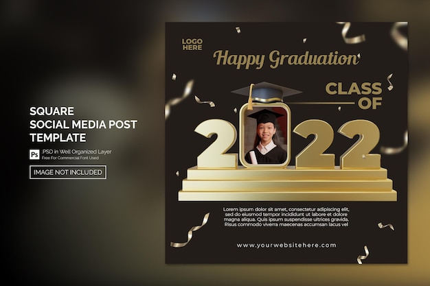 graduation end of school square social media post template with 3d render ornaments