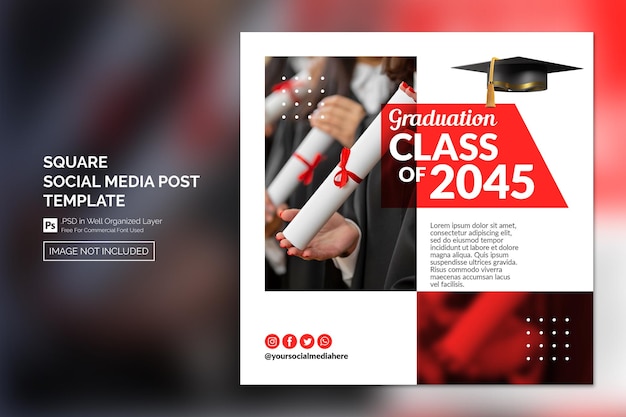 PSD graduation end of school square social media post template with 3d render ornaments