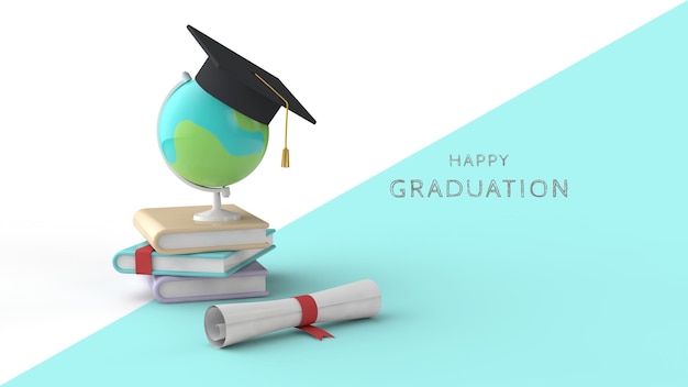 Graduation invitation PSD template Books graduation cap globe and diploma 3d illustration