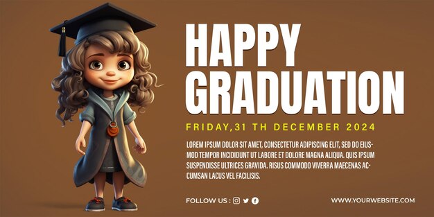 PSD graduation photoshop banner with editable text over red ribbon and graduation cap