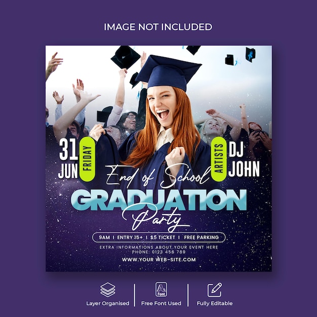 PSD graduation school party flyer and social media post or web banner template