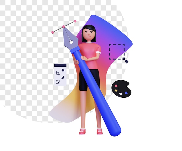 PSD grafik 3d z kobiecą postacią trzymającą narzędzie pióra