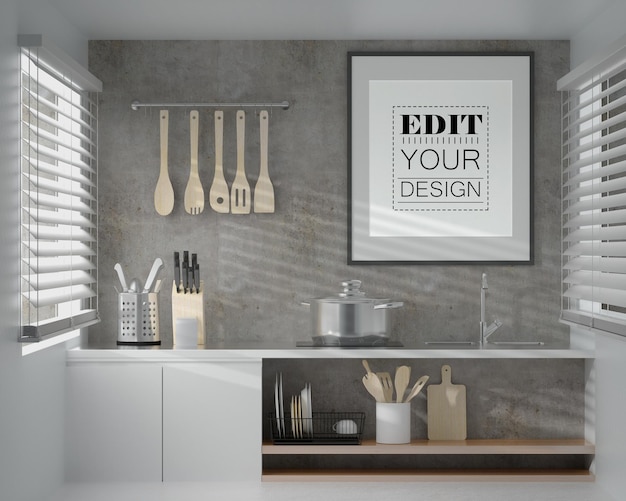 PSD grafika ścienna lub ramka na zdjęcia mockup on kitchen room interior