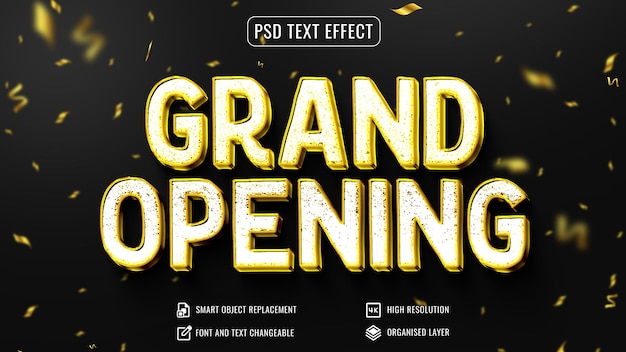 PSD grand opening marble white and gold psd text effect with confetti background