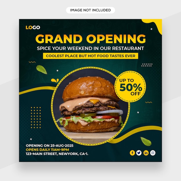 Grand opening restaurant banner or social media promotion and Instagram banner post cover