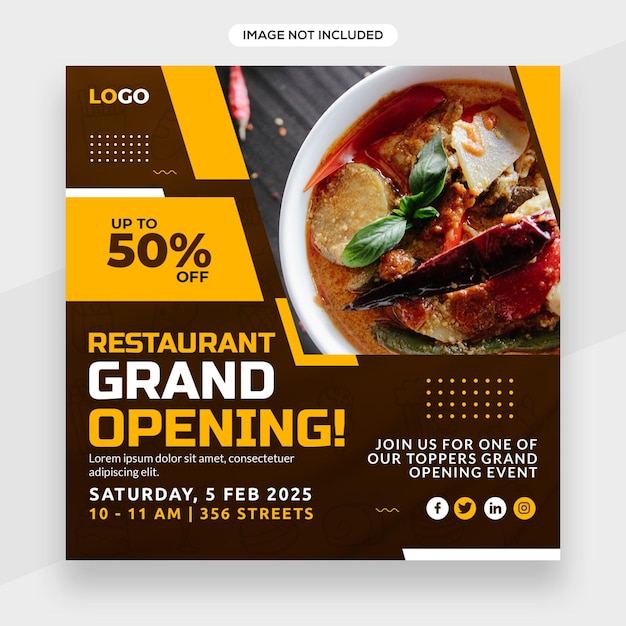 Banner del ristorante di grande apertura o promozione sui social media e copertina del banner di instagram