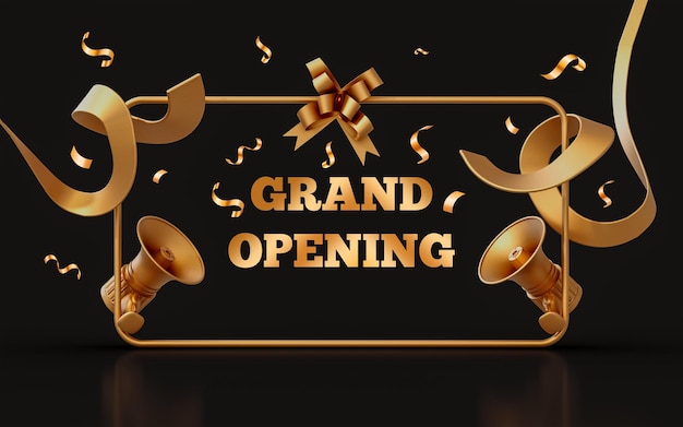 PSD grand opening sign in retro golden effect banner 3d render concept for starting restaurant market