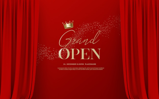 Grand opening text template with illustration of luxury red silk velvet curtains