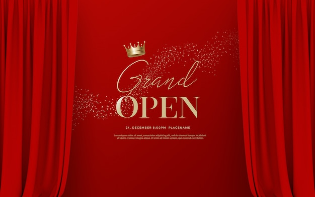 豪華な赤いシルクベルベットのカーテンのイラストとグランドオープンテキストテンプレート