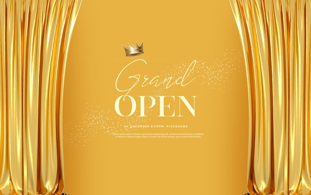 PSD grand opening text template with luxury golden silk velvet curtains.