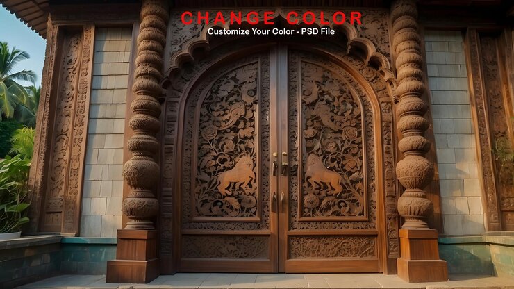 PSD a grand wooden door a king palace front elevation design of a grand door of a house brown color