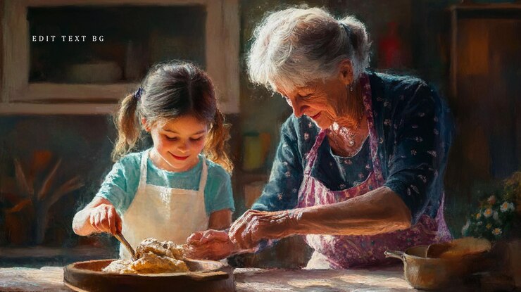 PSD granddaughter and grandmother baking together in a rustic kitchen