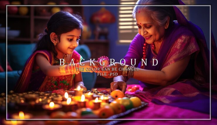 PSD grandmother and granddaughter celebrate diwali with diyas