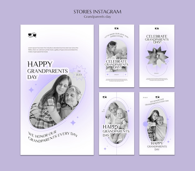 PSD collezione di storie di instagram del giorno dei nonni con design a cuori