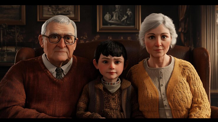 PSD grandparents and grandson pose for a family portrait in a vintage setting