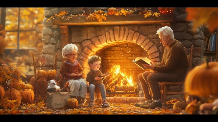 PSD grandparents reading to grandson by autumn fireplace